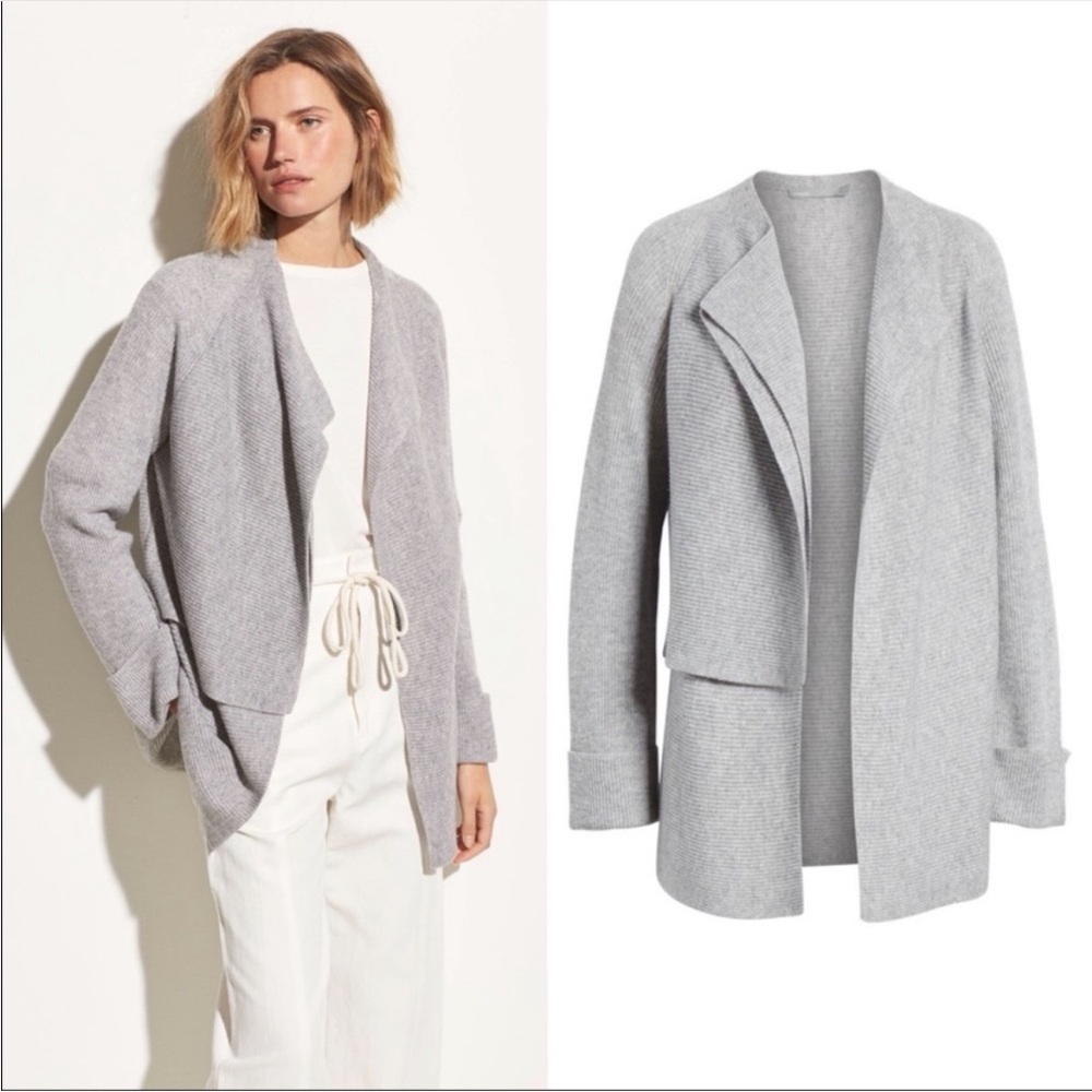 Vince Drape Front Wool Cashmere Cardigan Open Front‎ Gray Women Small Ribbed